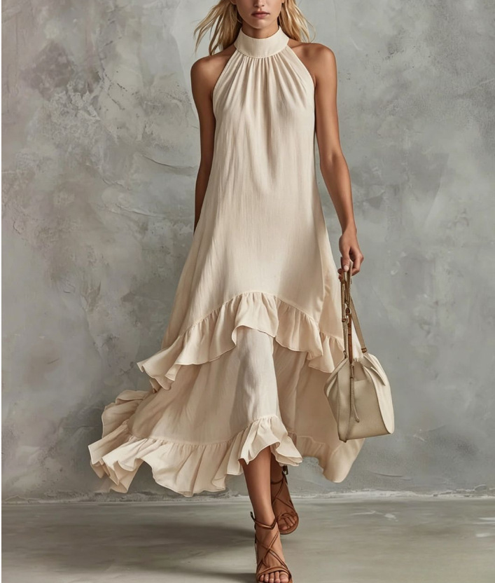 White Sleeveless Ruffle Midi Beach Dress
