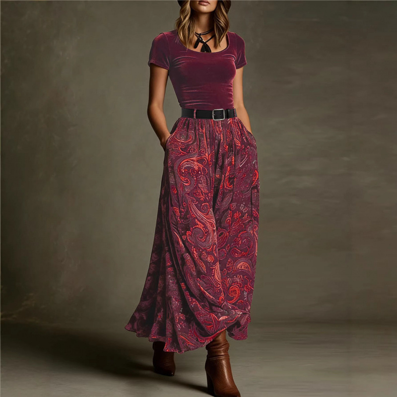 TUME Vintage Velvet Paisley Patchwork Dress with Belt