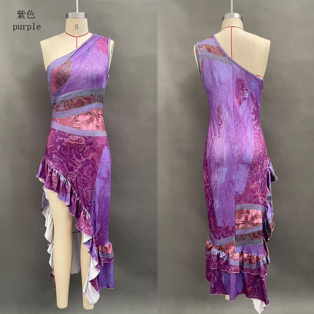 Retro Patchwork Print Asymmetric High Slit Bodycon Maxi Dress