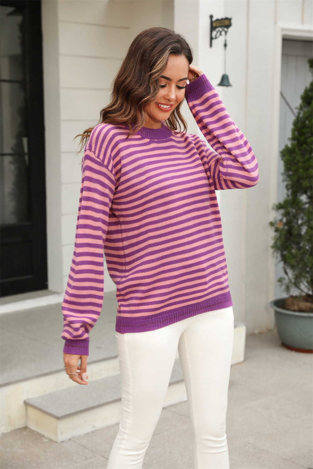 Striped Color-Block Long-Sleeve Knit Sweater
