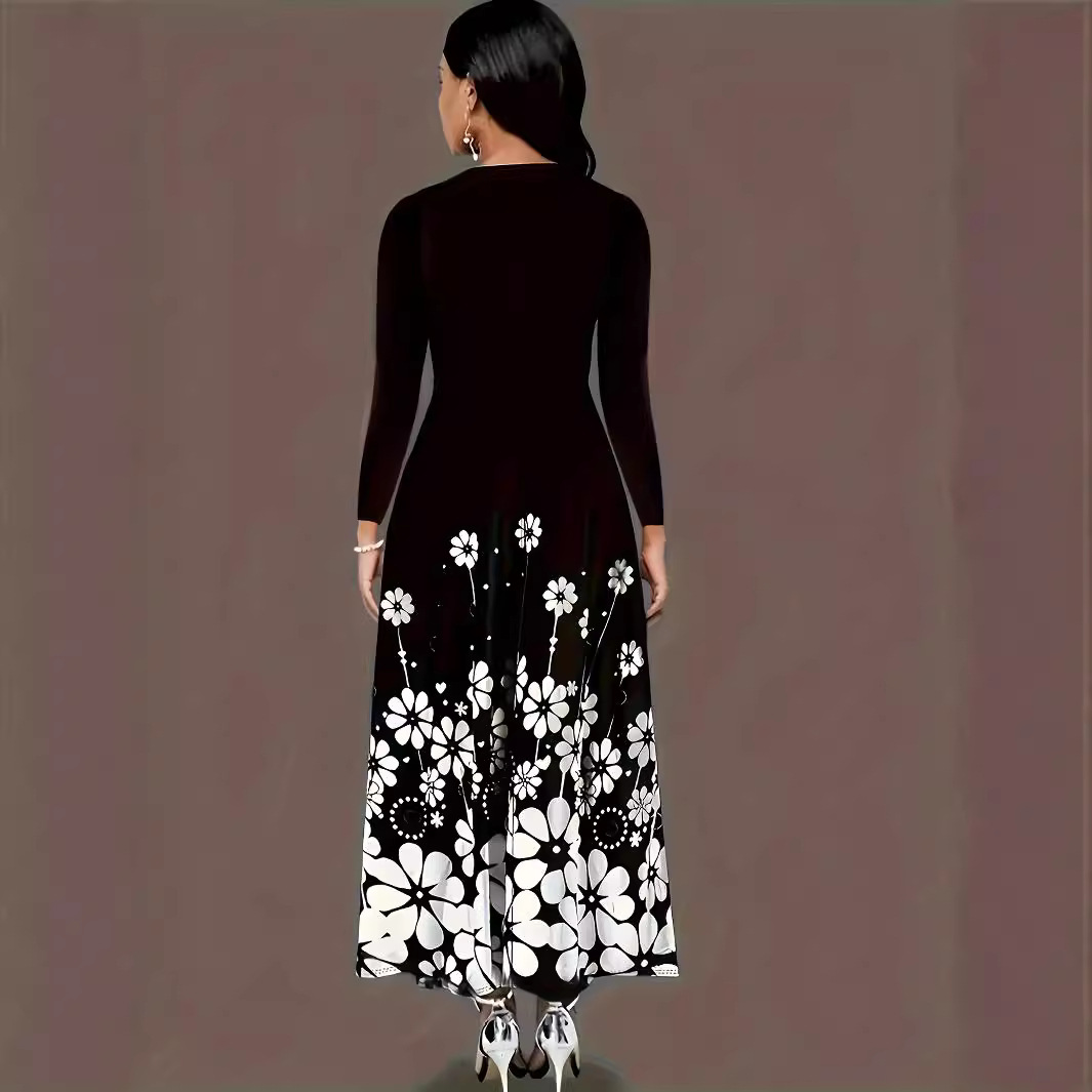 Women's Long Sleeve Printed Loose Round Neck Pleated Midi Dress