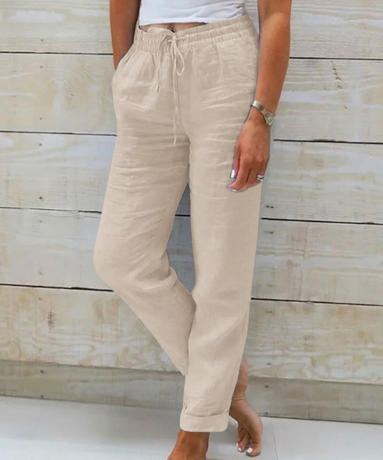 Women's Cotton-Linen Wide-Leg Pants Elastic Waist Solid Color Loose Fit