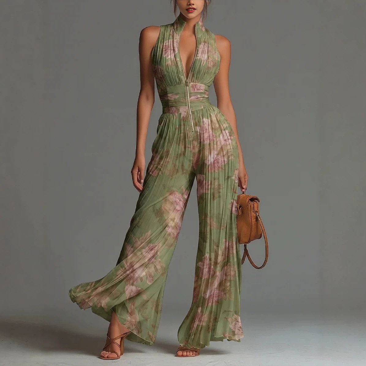 Women's Printed Mesh High-Waist Split Thigh Sleeveless Jumpsuit