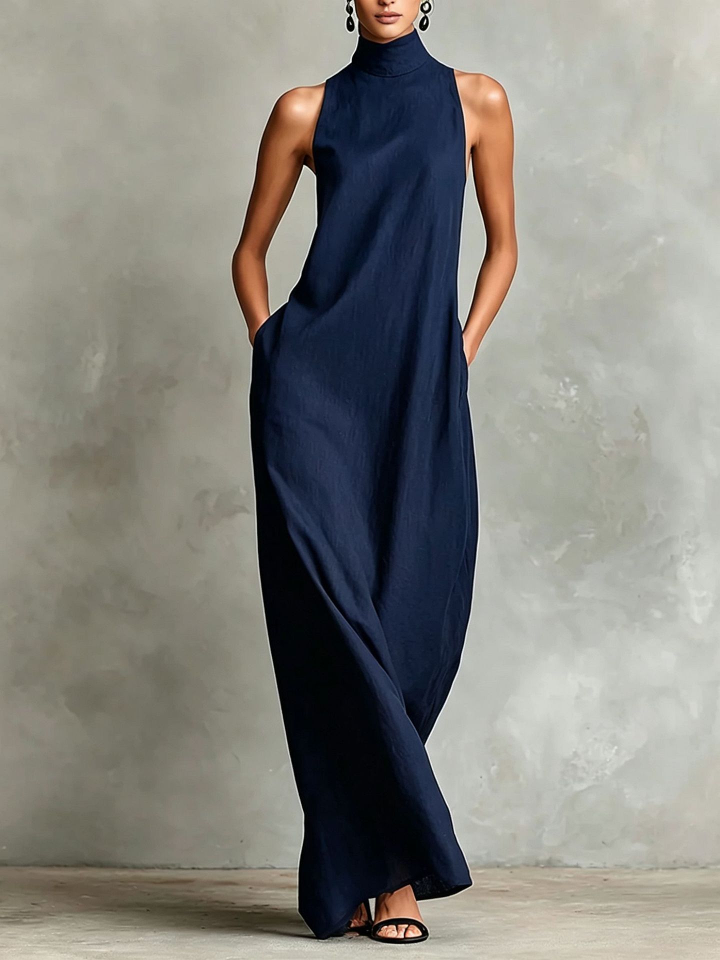 Linen High Neck Sleeveless A-Line Maxi Dress