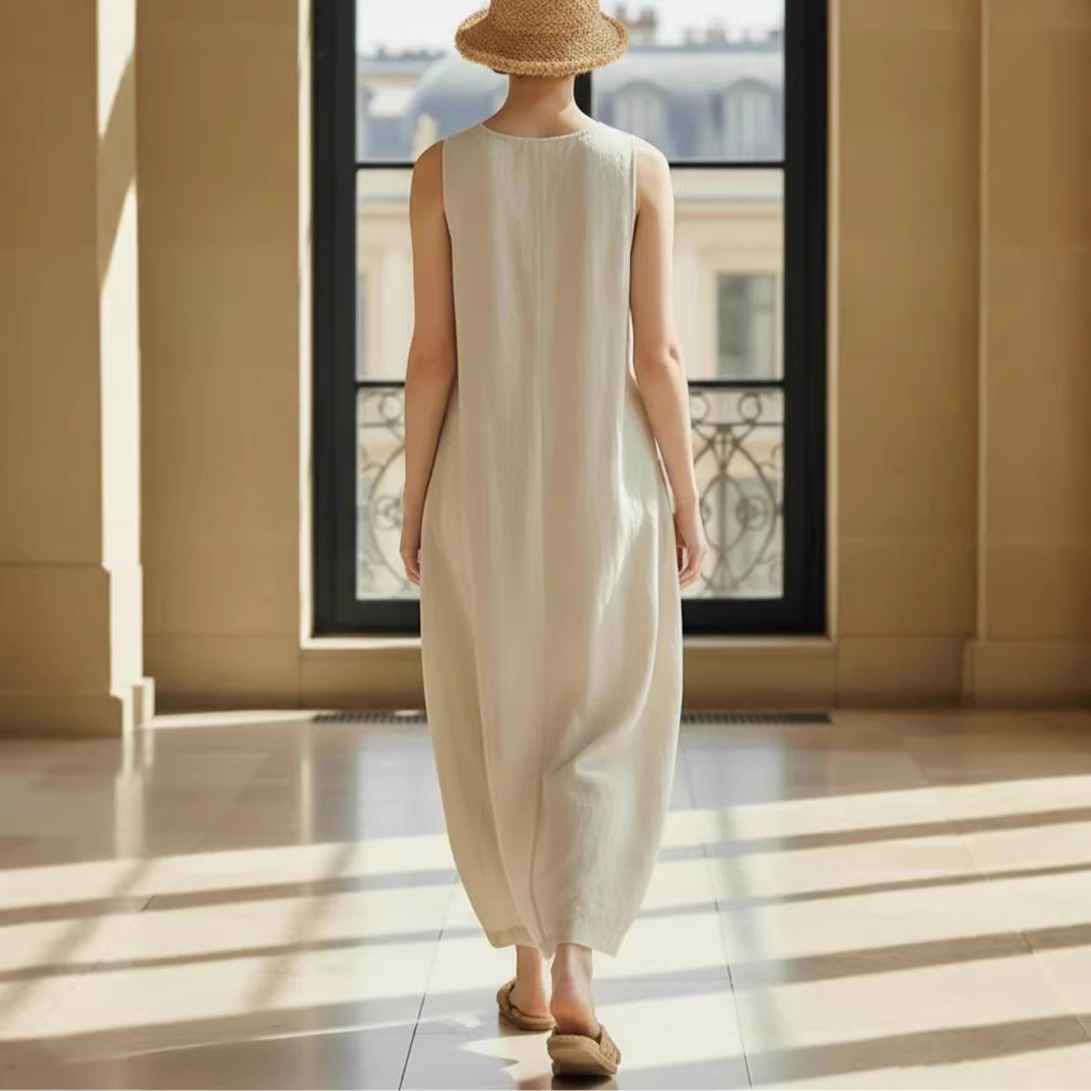 Women's Linen-Blend Button-Front Collared Sleeveless Wide-Leg Jumpsuit
