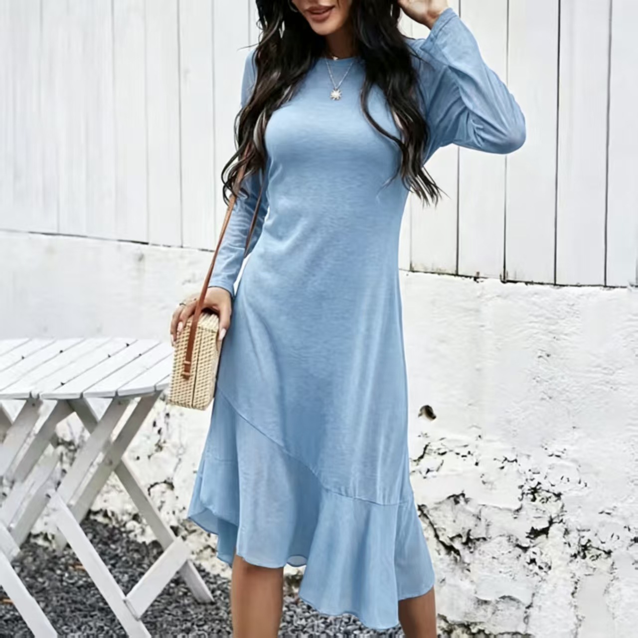 Women's Long Sleeve Round Neck Casual Split Spliced Asymmetrical Dress
