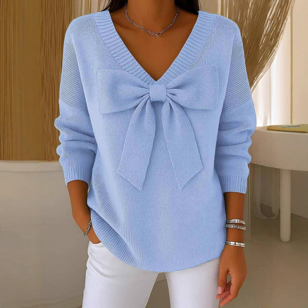Bow Detail Solid V-Neck Pullover Sweater