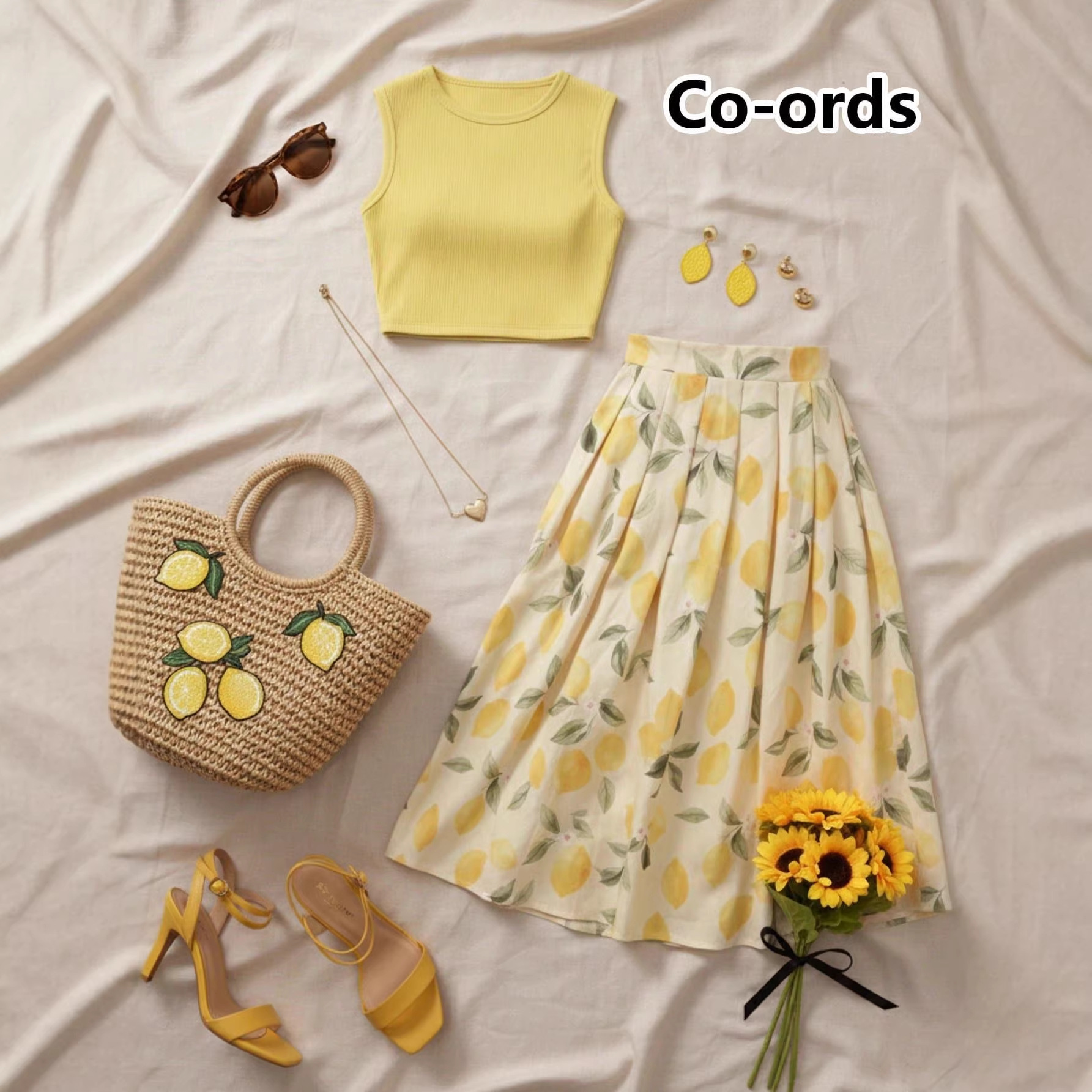 Lemon Print Sleeveless Tank Top and High-Waist Flared Midi Skirt Set