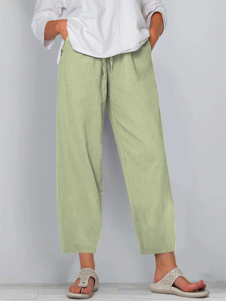 Women's Cotton-Linen Wide-Leg Pants with Elastic Waist Solid Color Casual Long Pants