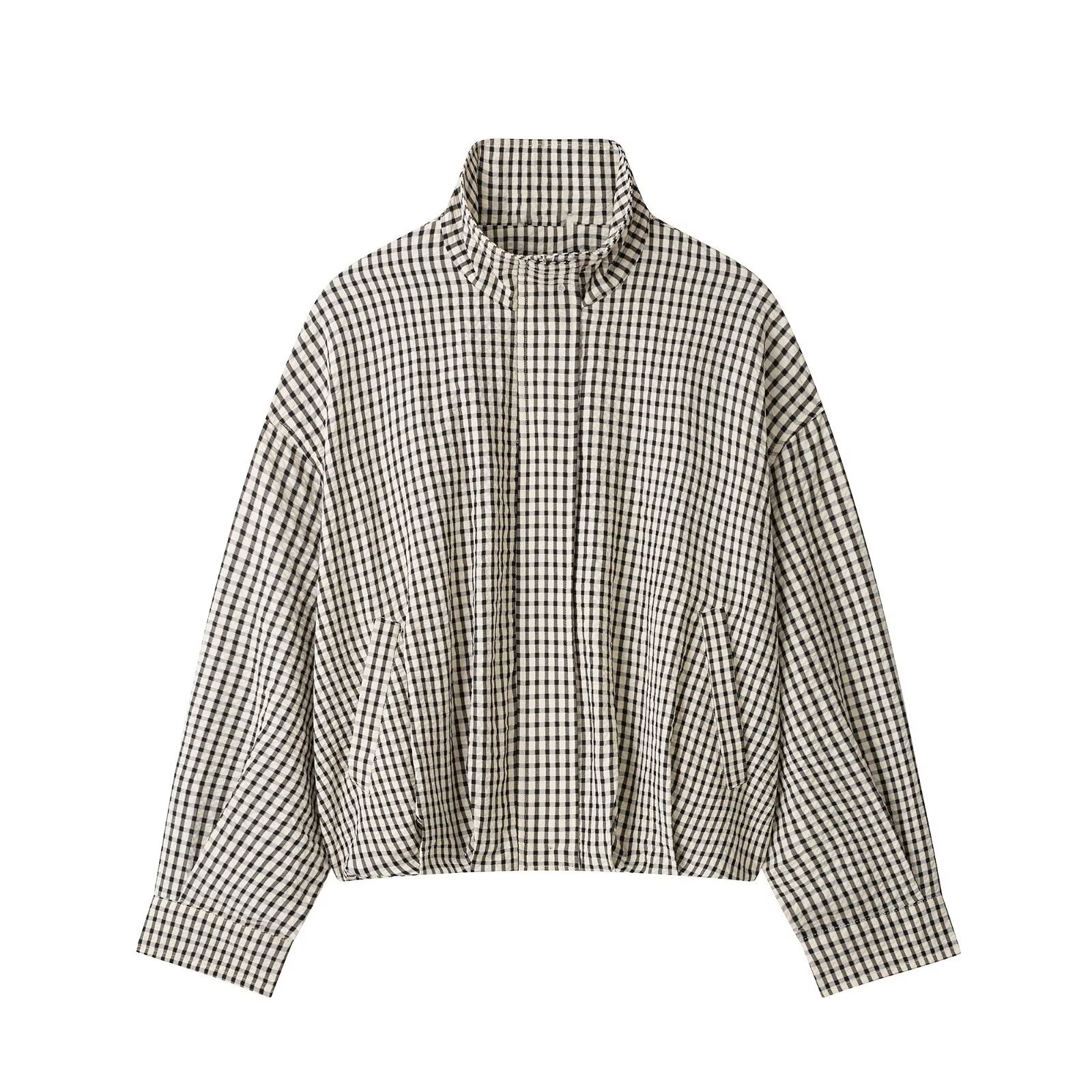 Black and White Plaid Zip-Up Jacket with Stand Collar