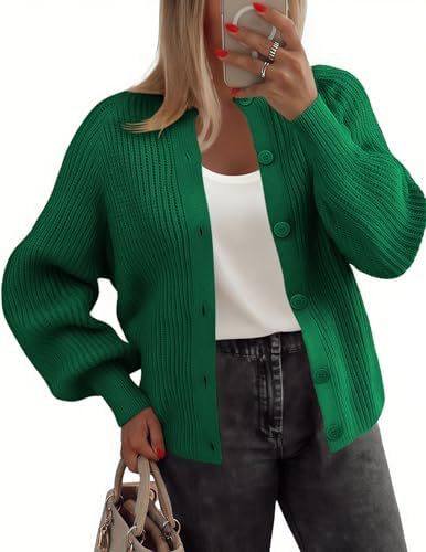 Women's Chunky Knit Button-Front Cardigan Sweater Long Sleeve Crew Neck