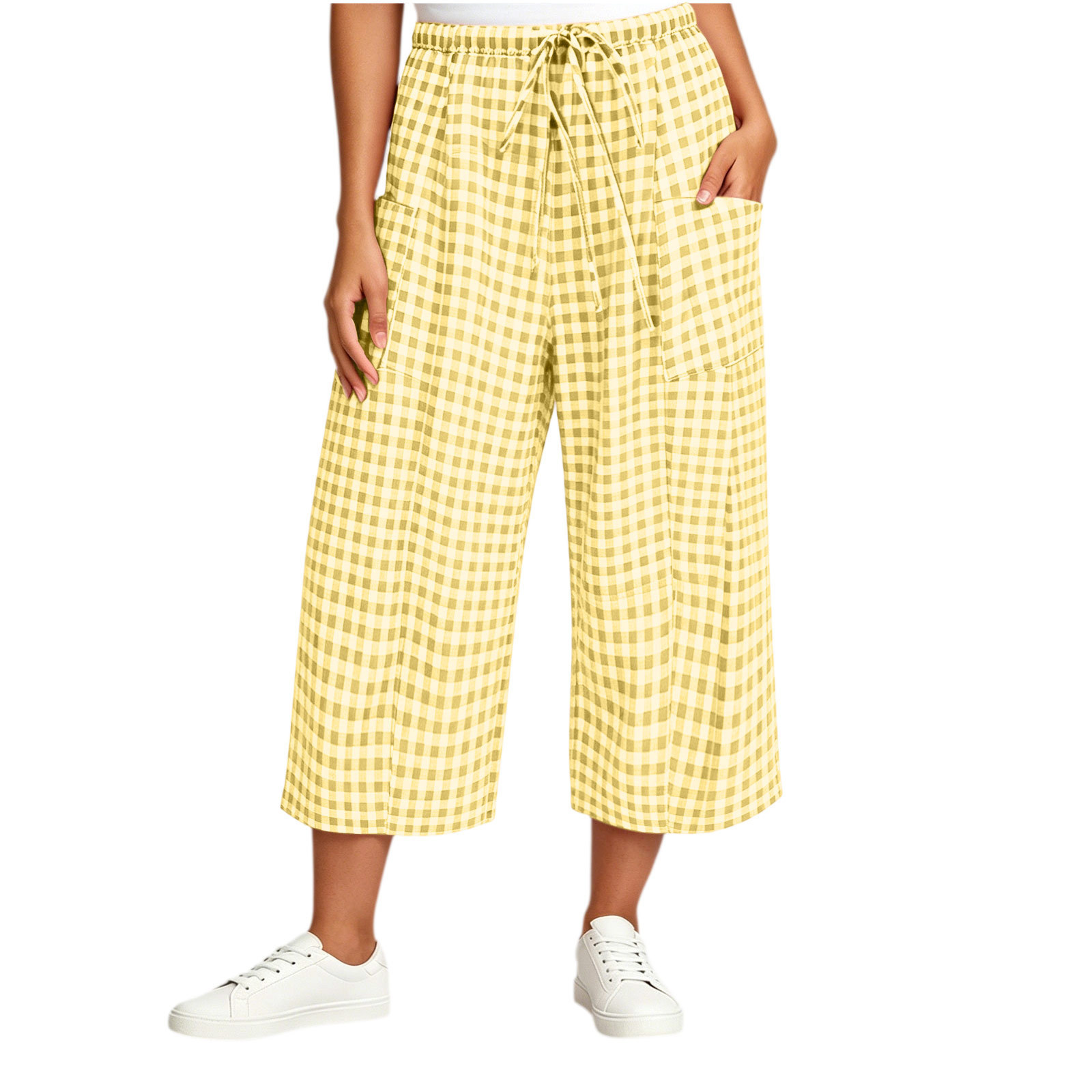 Plaid Wide-Leg Drawstring Pants with Pockets