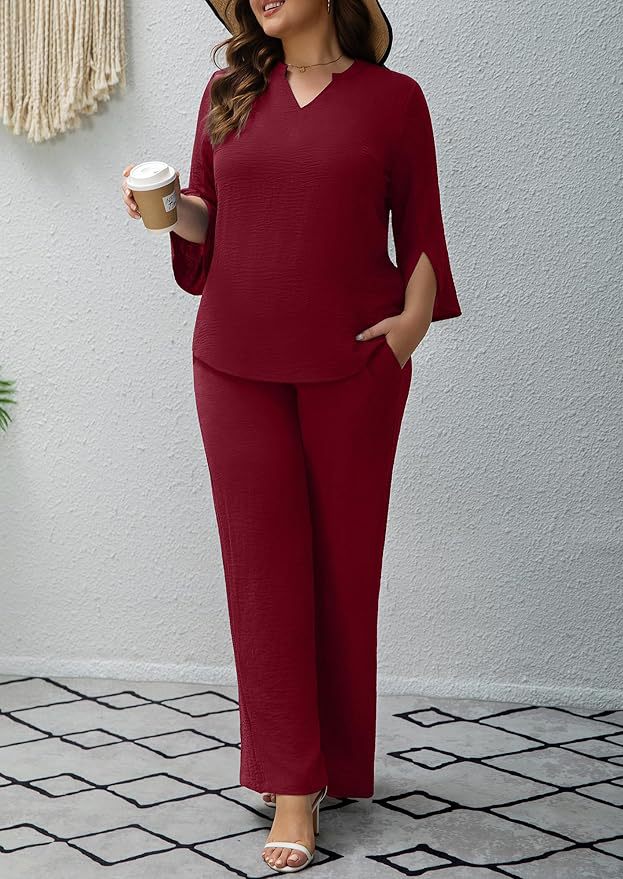 Women's Solid Color Two-Piece Set with Three-Quarter Sleeve Top and Wide-Leg Pants