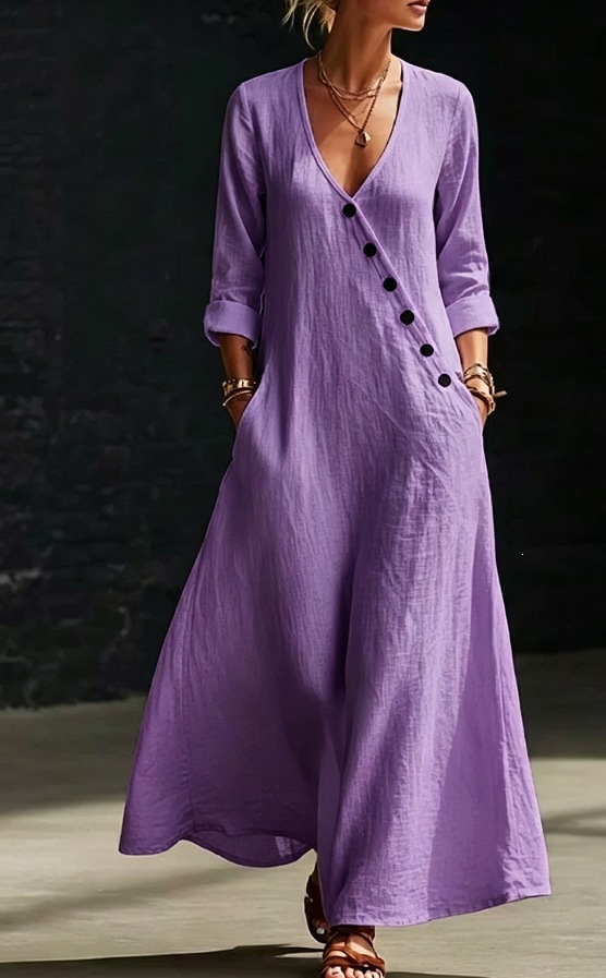 Women's V-Neck Button-Front A-Line Maxi Dress