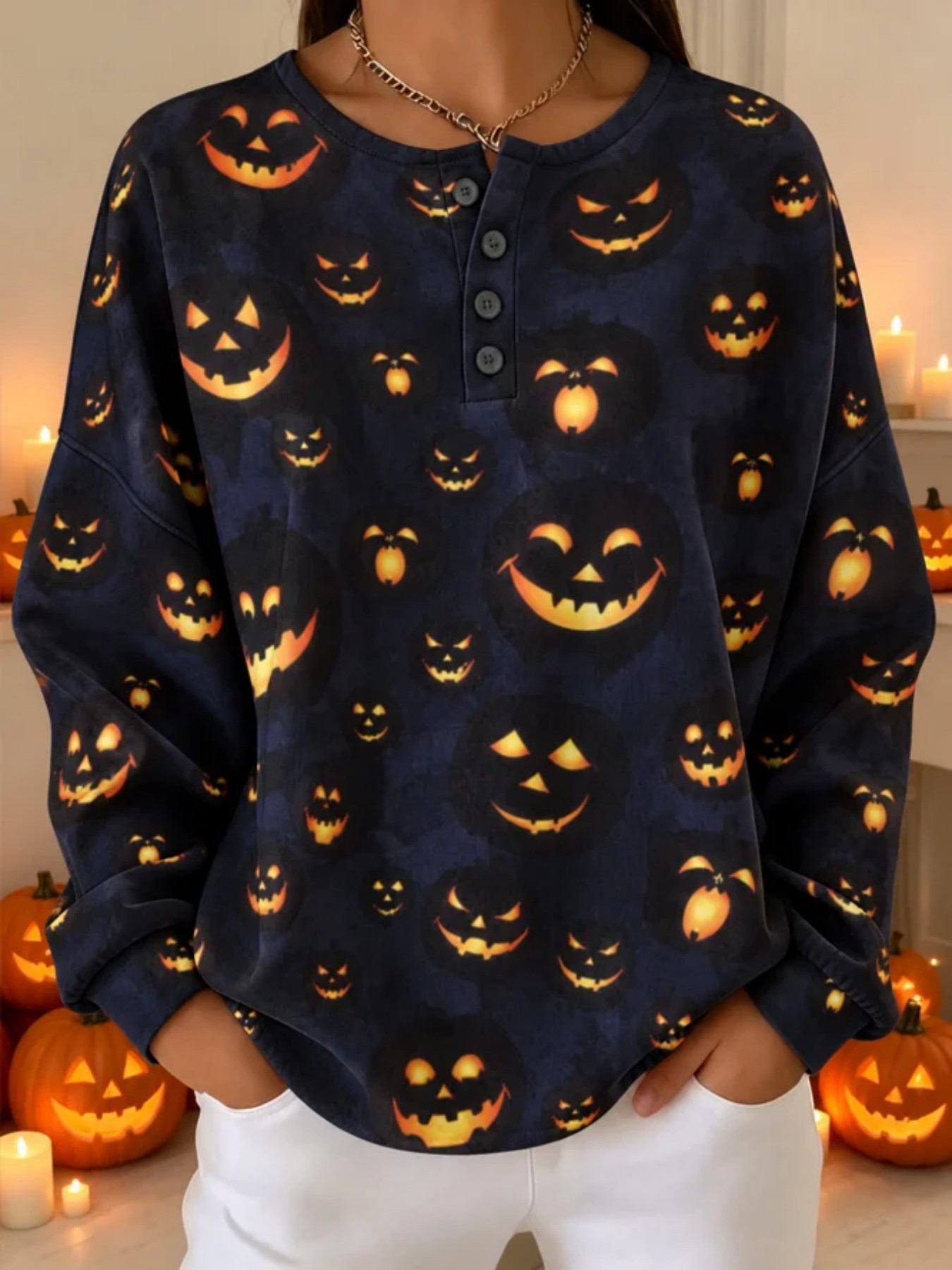 Women's Retro Pumpkin Smiley Print Button Sweatshirt
