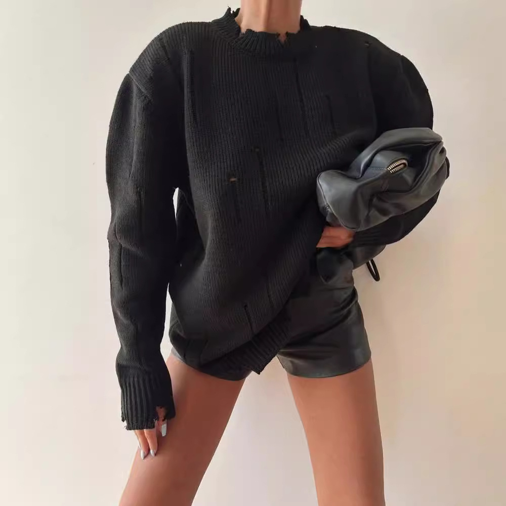 Women's Loose Distressed Crewneck Pullover Sweater