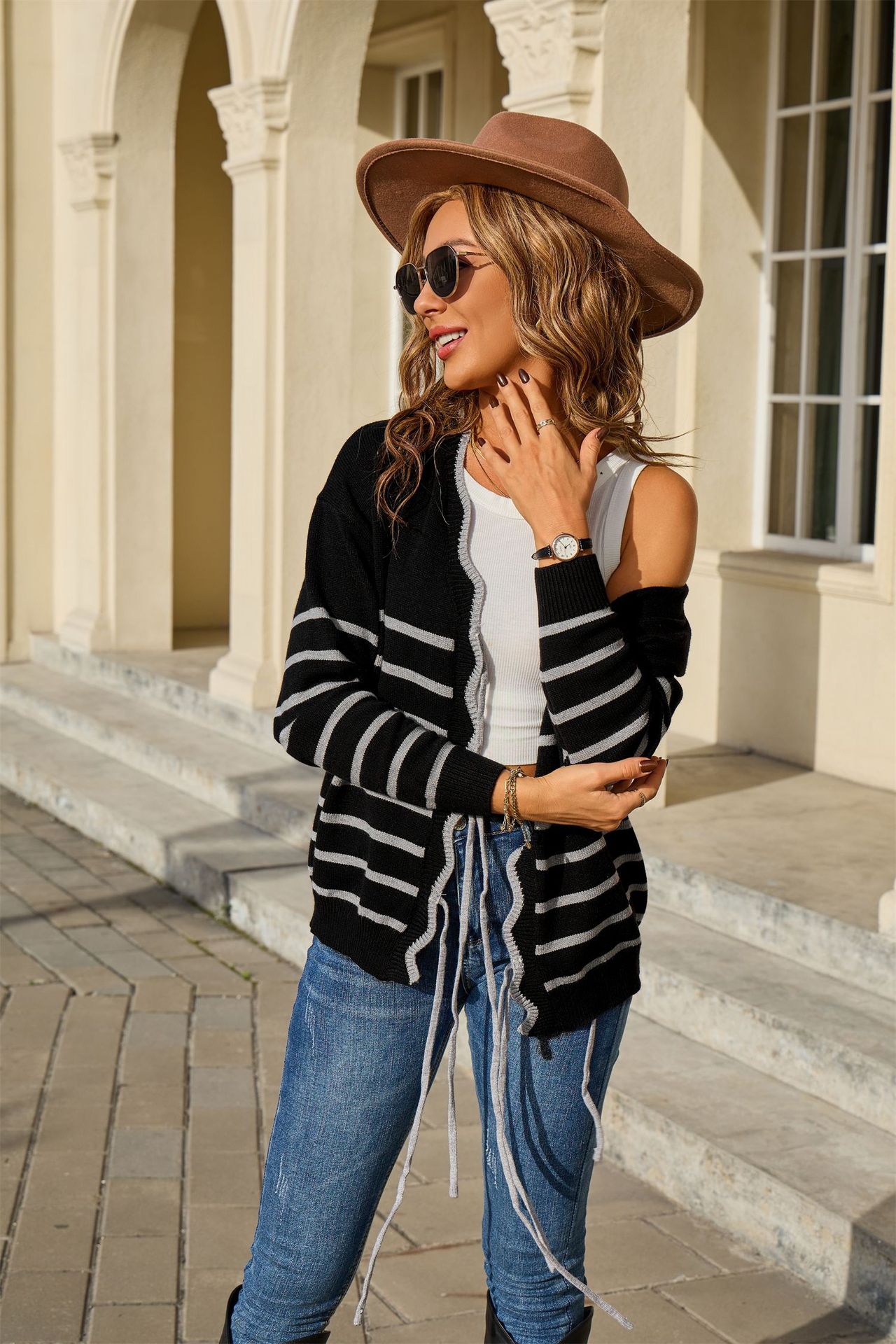 Striped Colorblock Tie-Front Cardigan Sweater Women Loose Fit