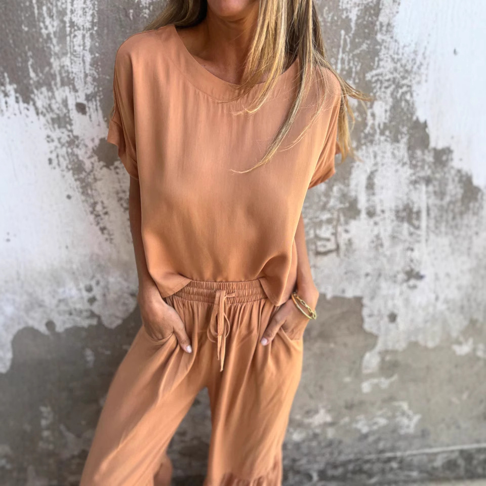 Women's Solid Color Cotton-Linen Short Sleeve Two-Piece Set