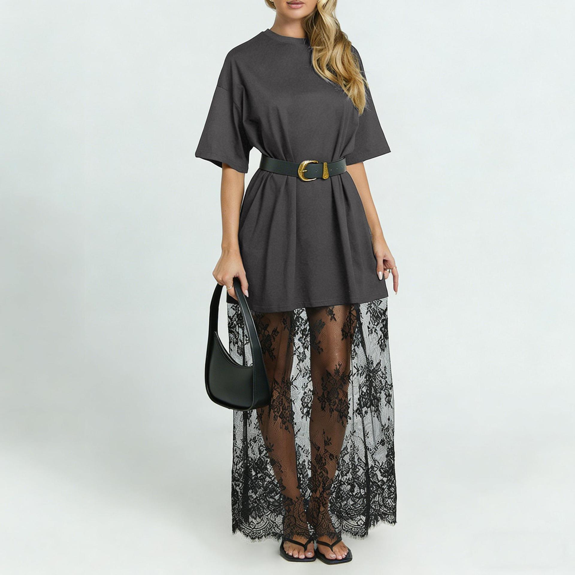 Women's Plus Size Lace Patchwork Midi Dress Short Sleeve Round Neck Solid Color