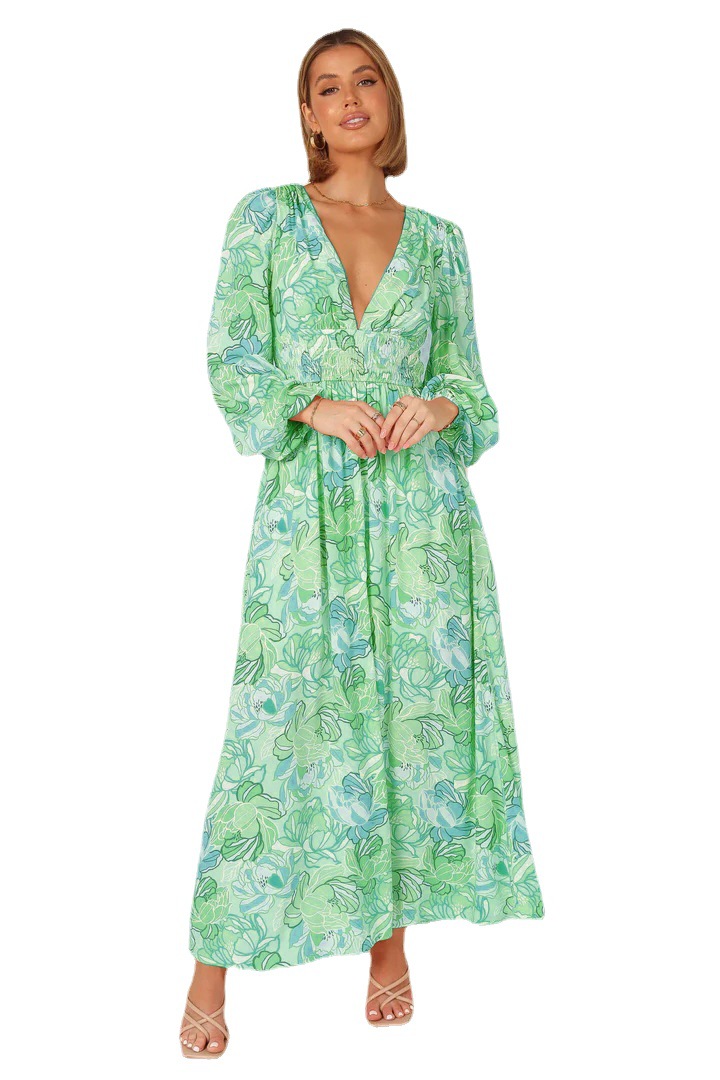 Floral Print Open Back Tie Deep V Long Sleeve Maxi Dress