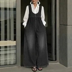 Washed Denim Bucket Vest and Wide-Leg Pants Set