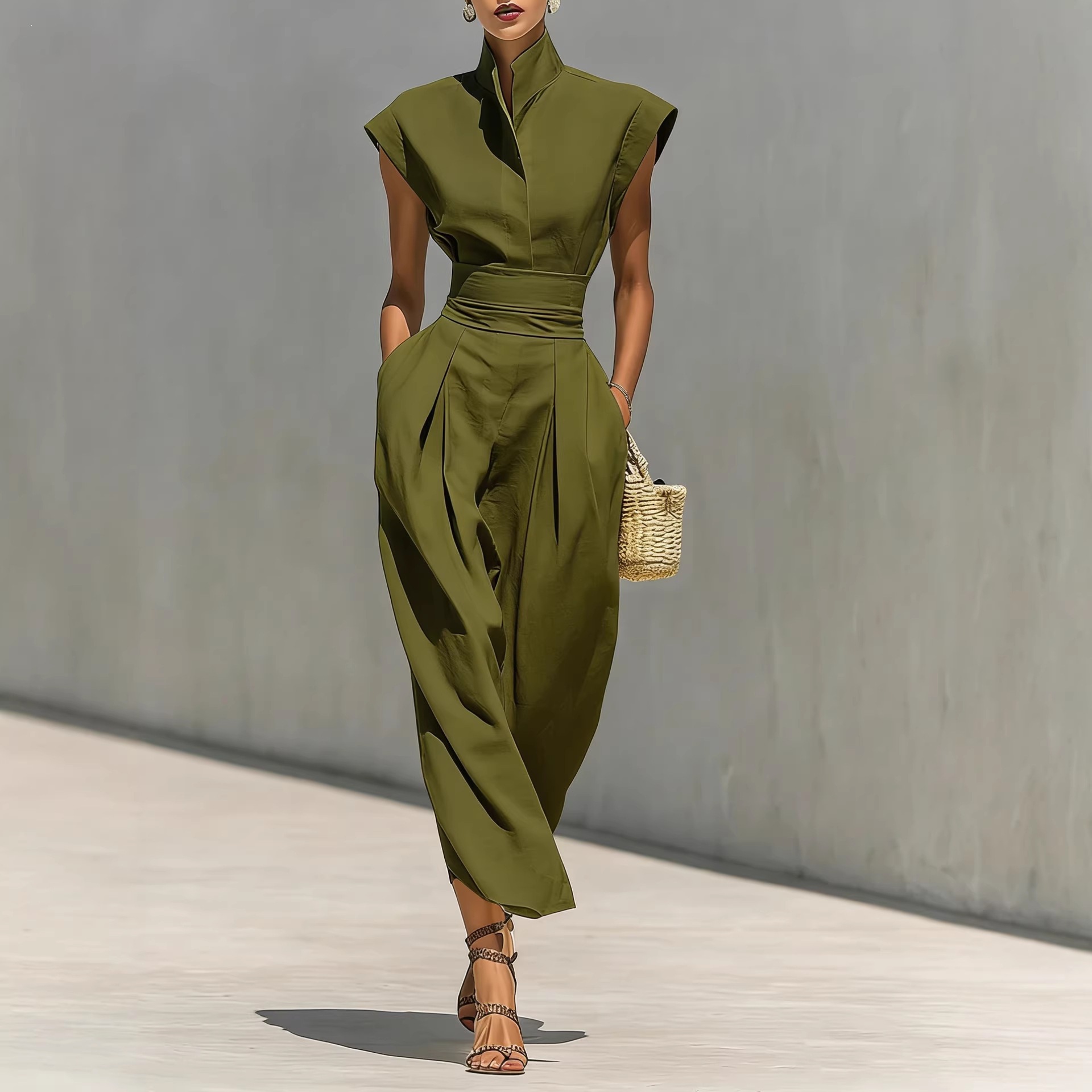 High-Waist Midi Skirt & High-Neck Loose Top Commuter Dress Set