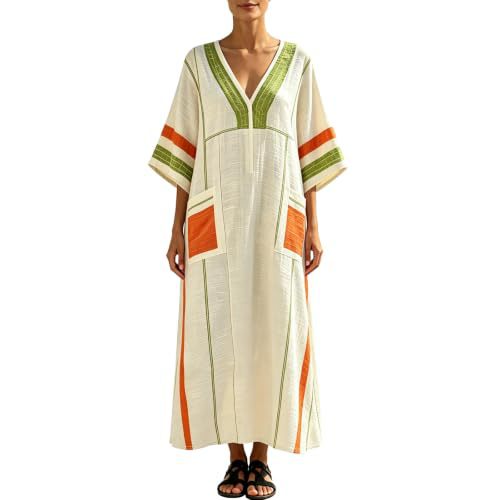 Women's Plaid & Solid Print Midi Dress with Deep V-Neck and Five-Quarter Sleeves