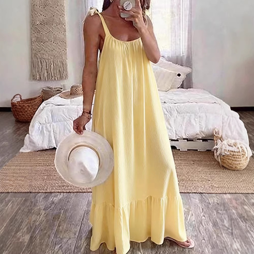 Women's Casual U-Neck Ruched A-Line Long Dress