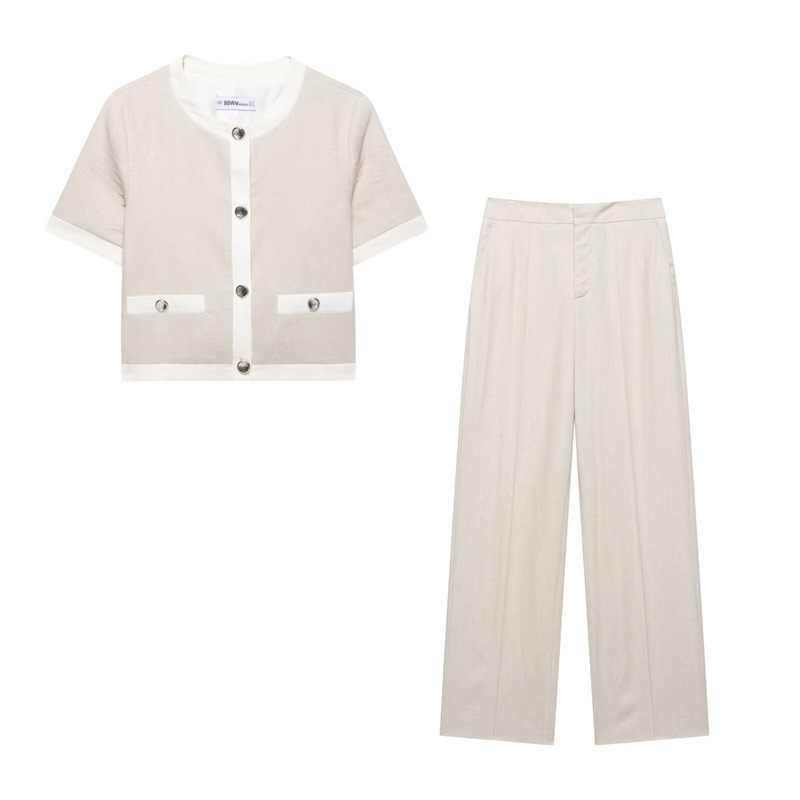 Women's Blended Short Sleeve Wide Leg Pants Set