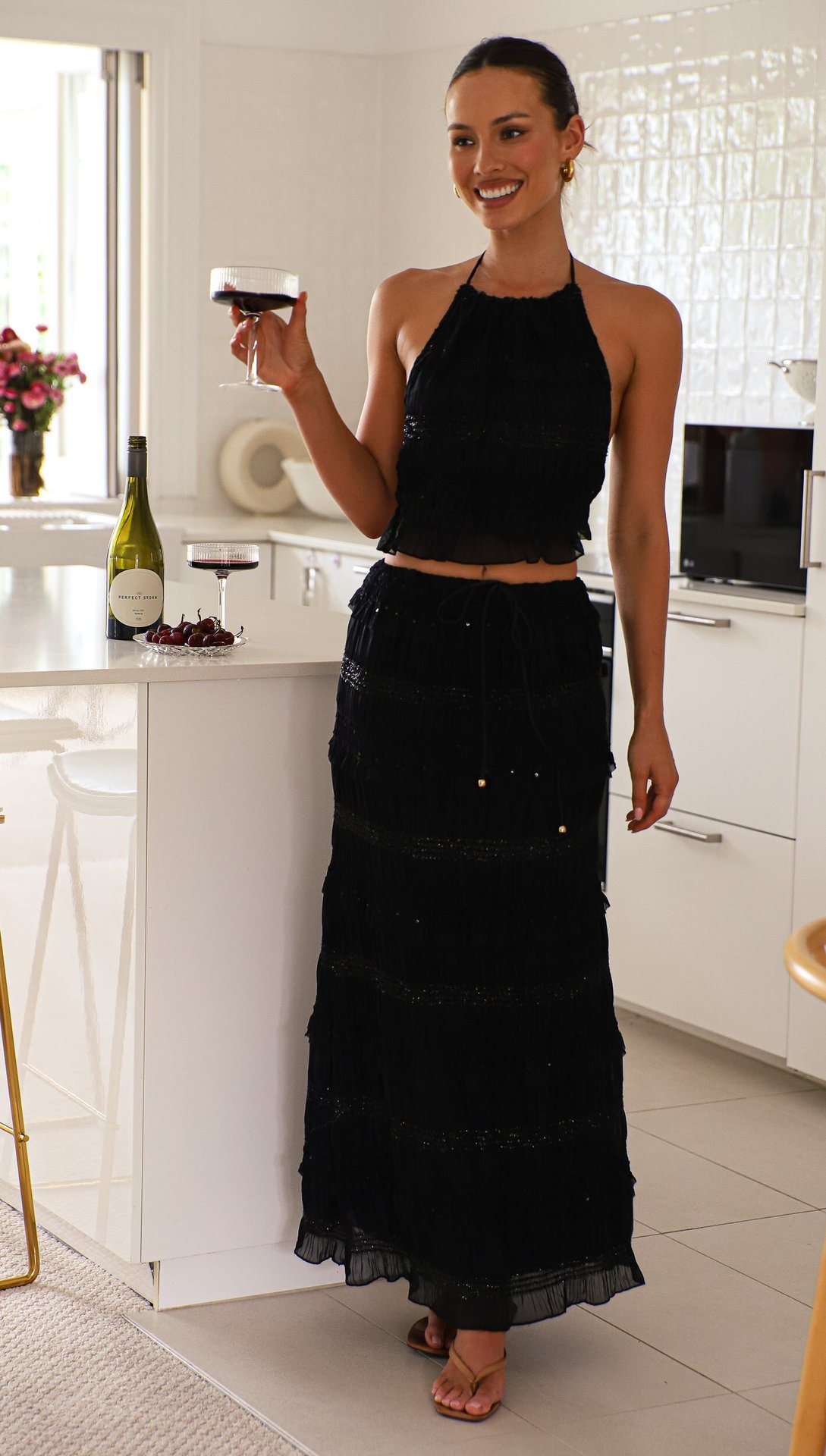 Halter Ruffle Cami Top and Long Tiered Skirt Solid Color Set