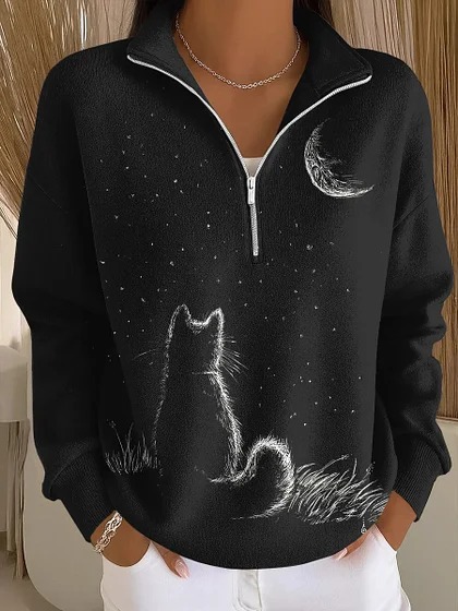 Cat & Moon Print Half-Zip Hoodie for Women