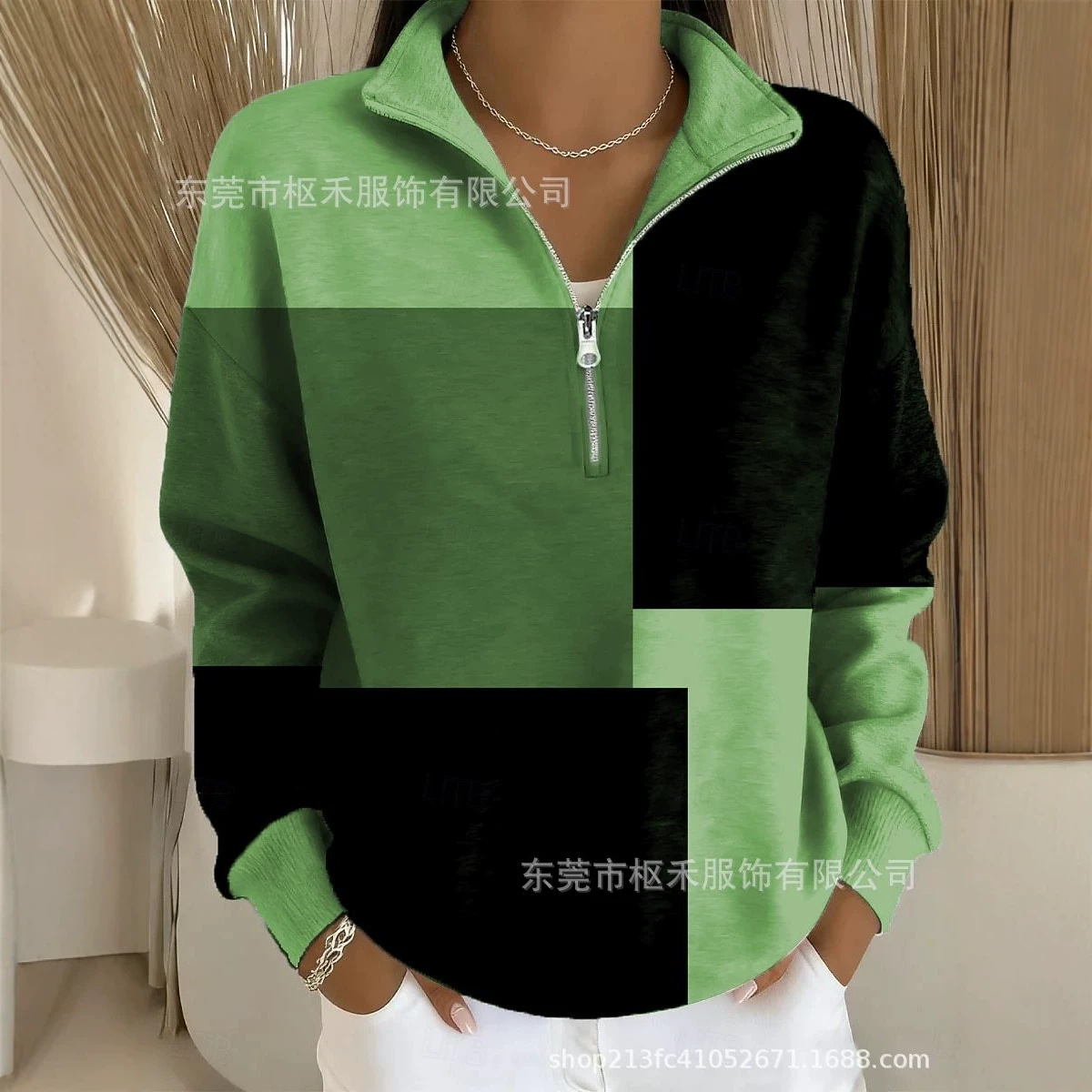 Plaid Color-Block Print Half-Zip Hoodie for Women