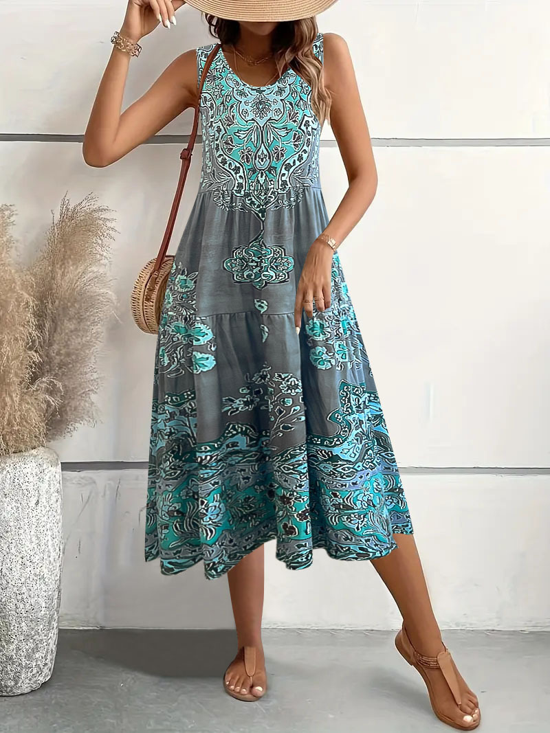 Floral Print Sleeveless U-Neck Midi Dress