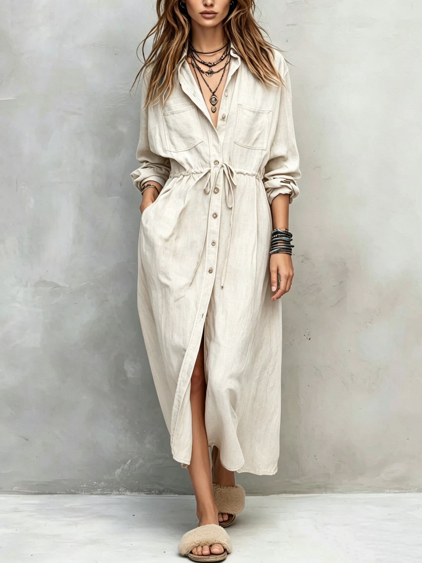 Women's Drawstring Waist Shirt Dress Loose Fit Midi A-Line