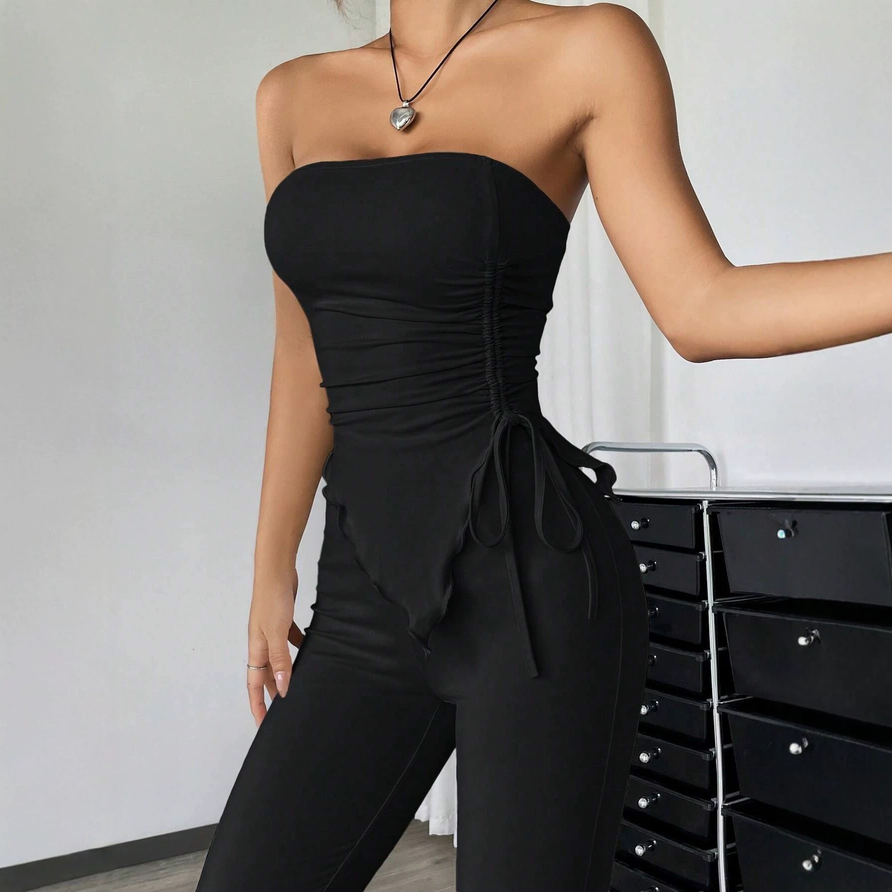 Sexy Strapless Drawstring Top and Pants Two-Piece Set