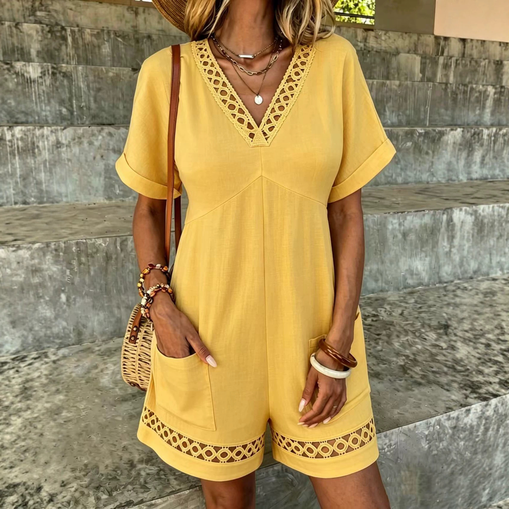 Women's Summer Short Sleeve V-Neck Romper with Pockets Casual Loose Shorts
