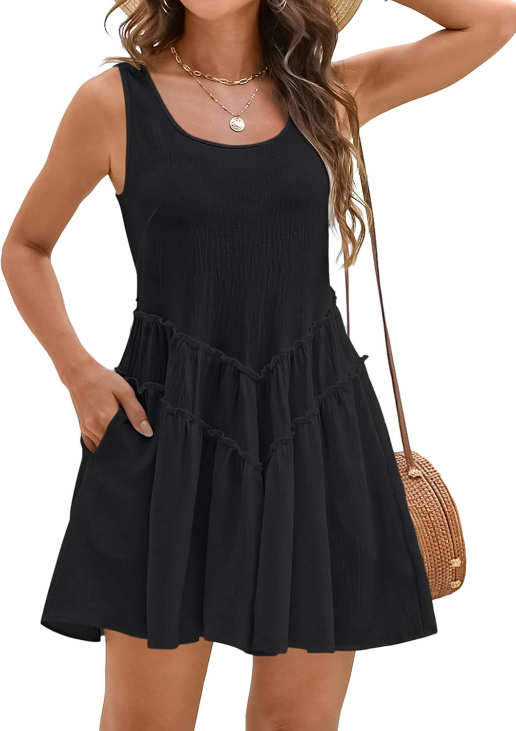 Elegant U-Neck V-Lace Trim A-Line Midi Dress with Pockets