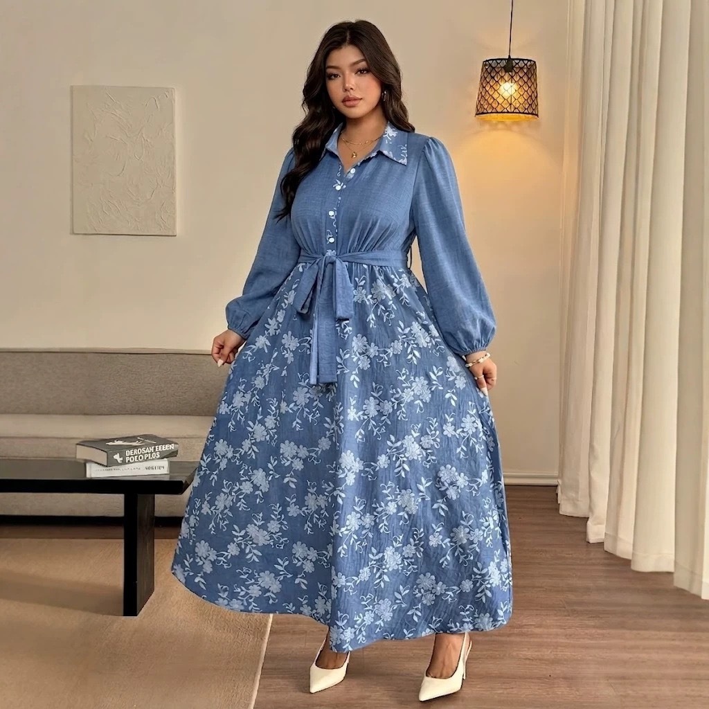 Floral Print Long Sleeve Maxi Dress with Waist Tie and Flared Skirt