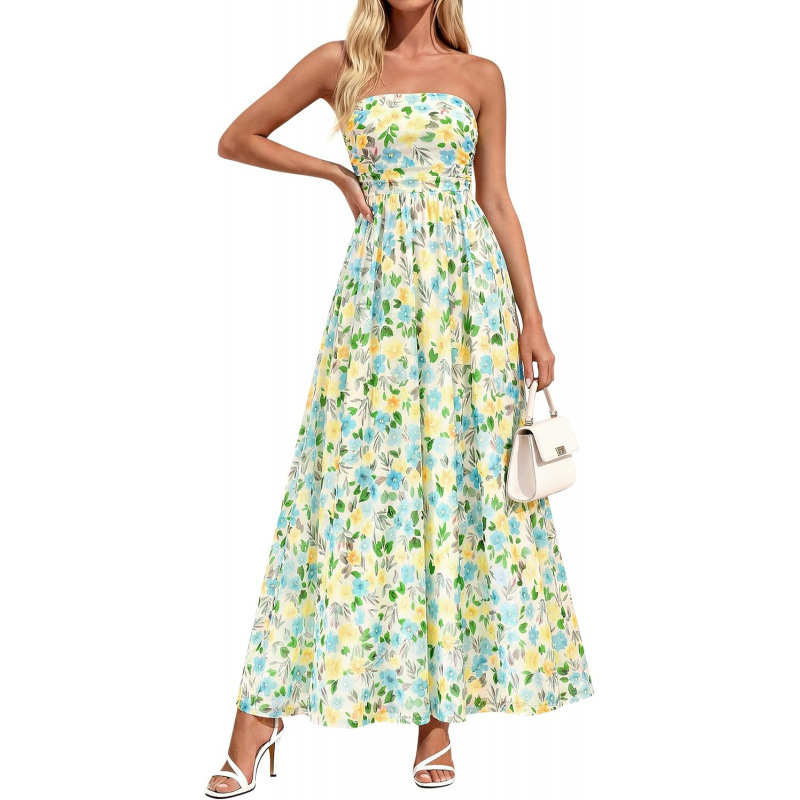 Boho Floral Strapless A-Line Maxi Dress