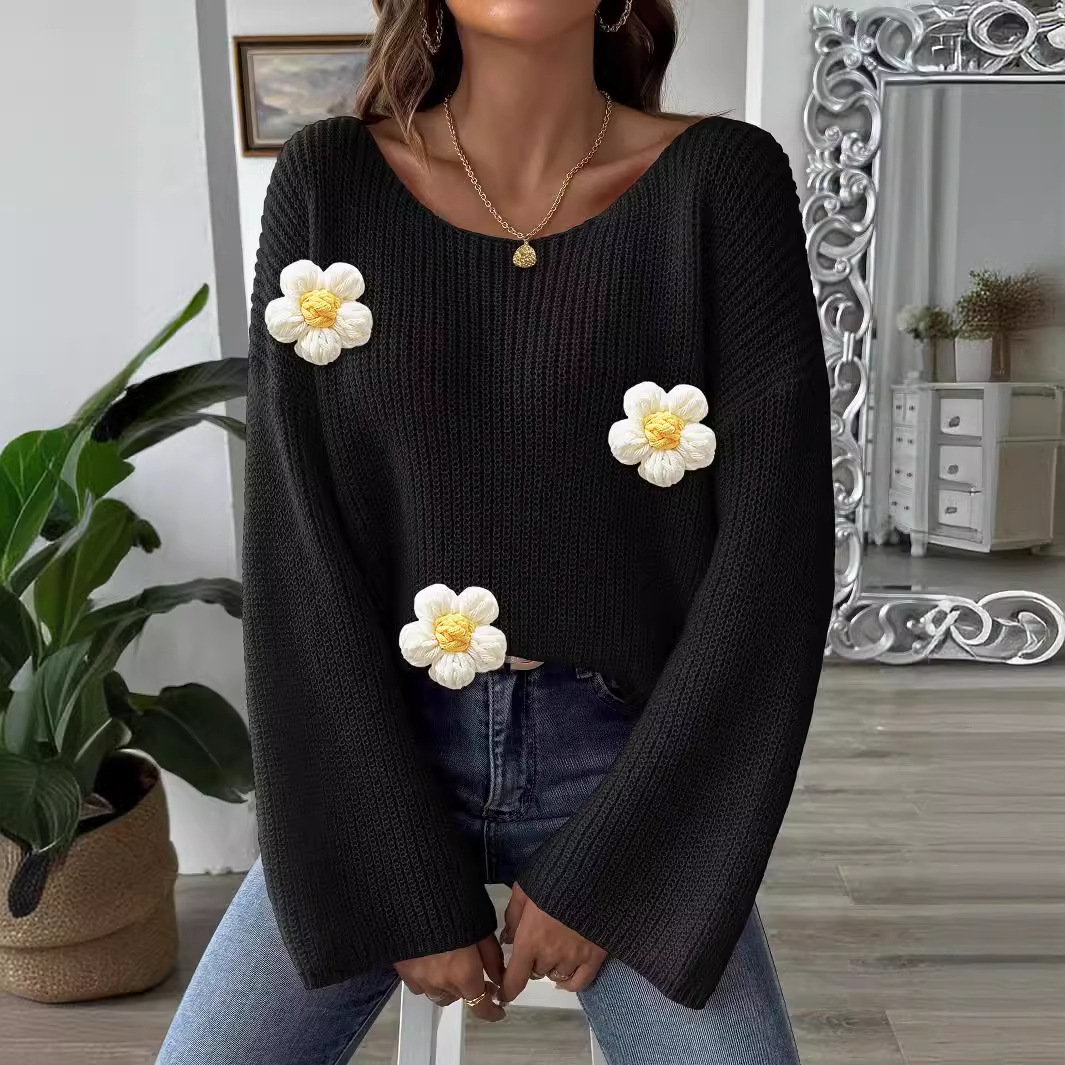 Women's Off-Shoulder Pullover Sweater with Flared Sleeves and Floral Appliqué