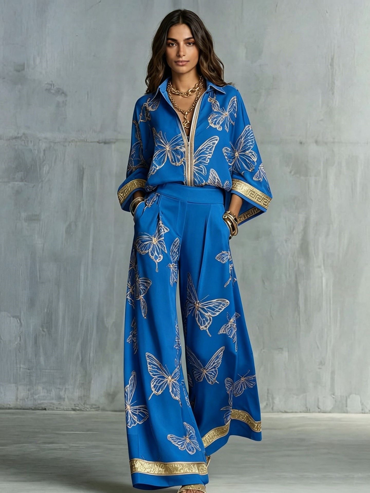 Women's Vintage Print Deep V Zip Top & Wide-Leg Pants Set