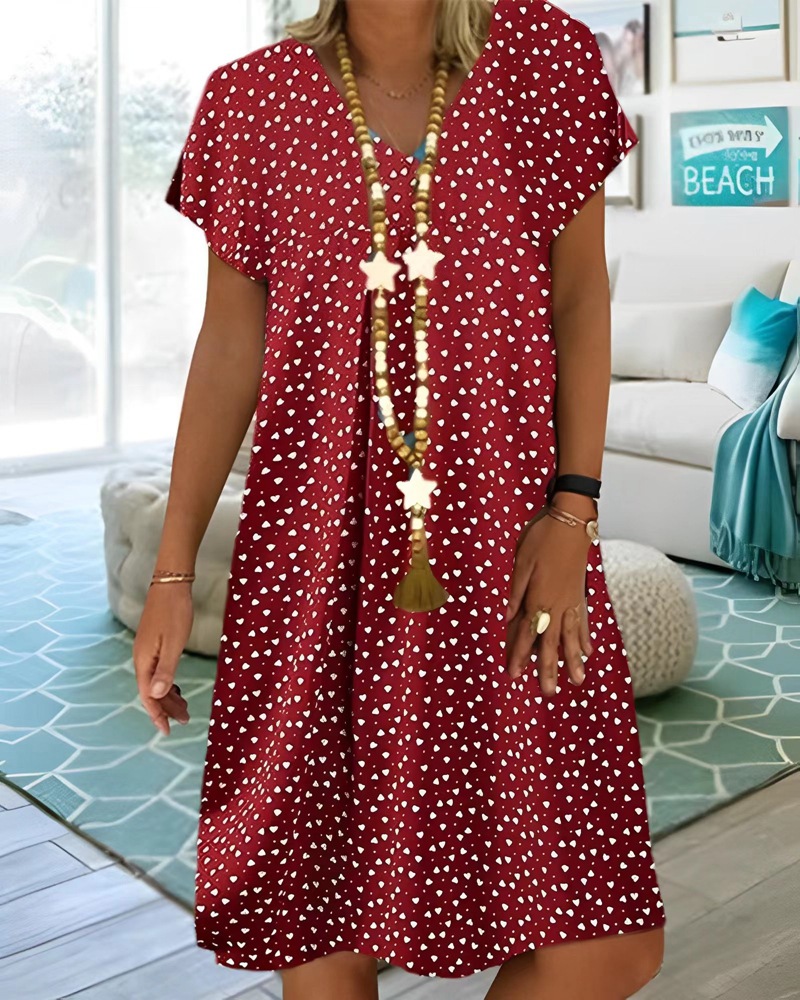 Casual V-Neck Short Sleeve Polka Dot Heart Print Midi Dress