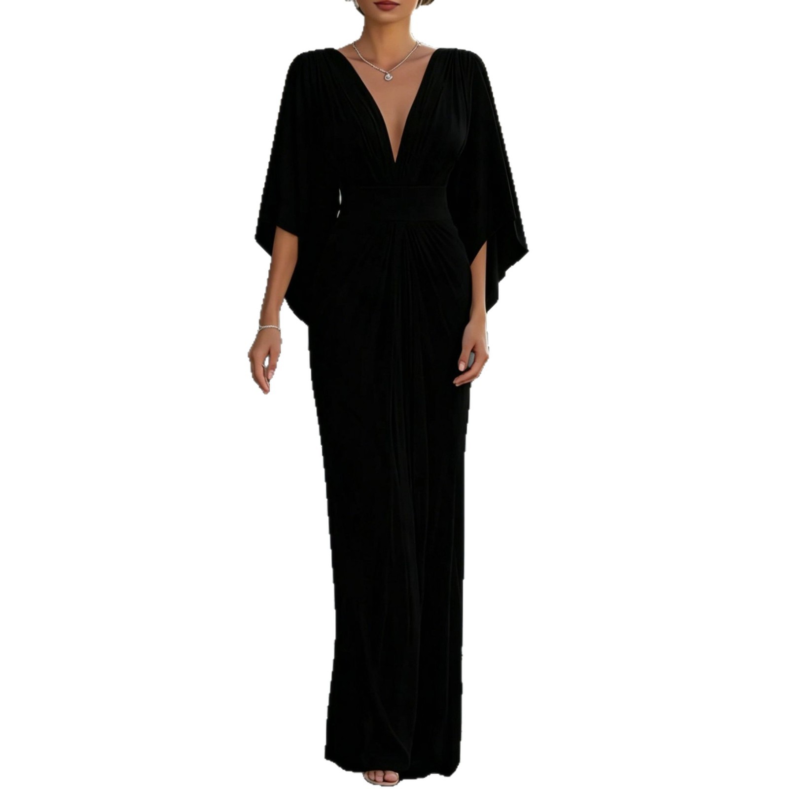 Women's Elegant Deep V-Neck Solid Color Waist-Cinching Midi Dress