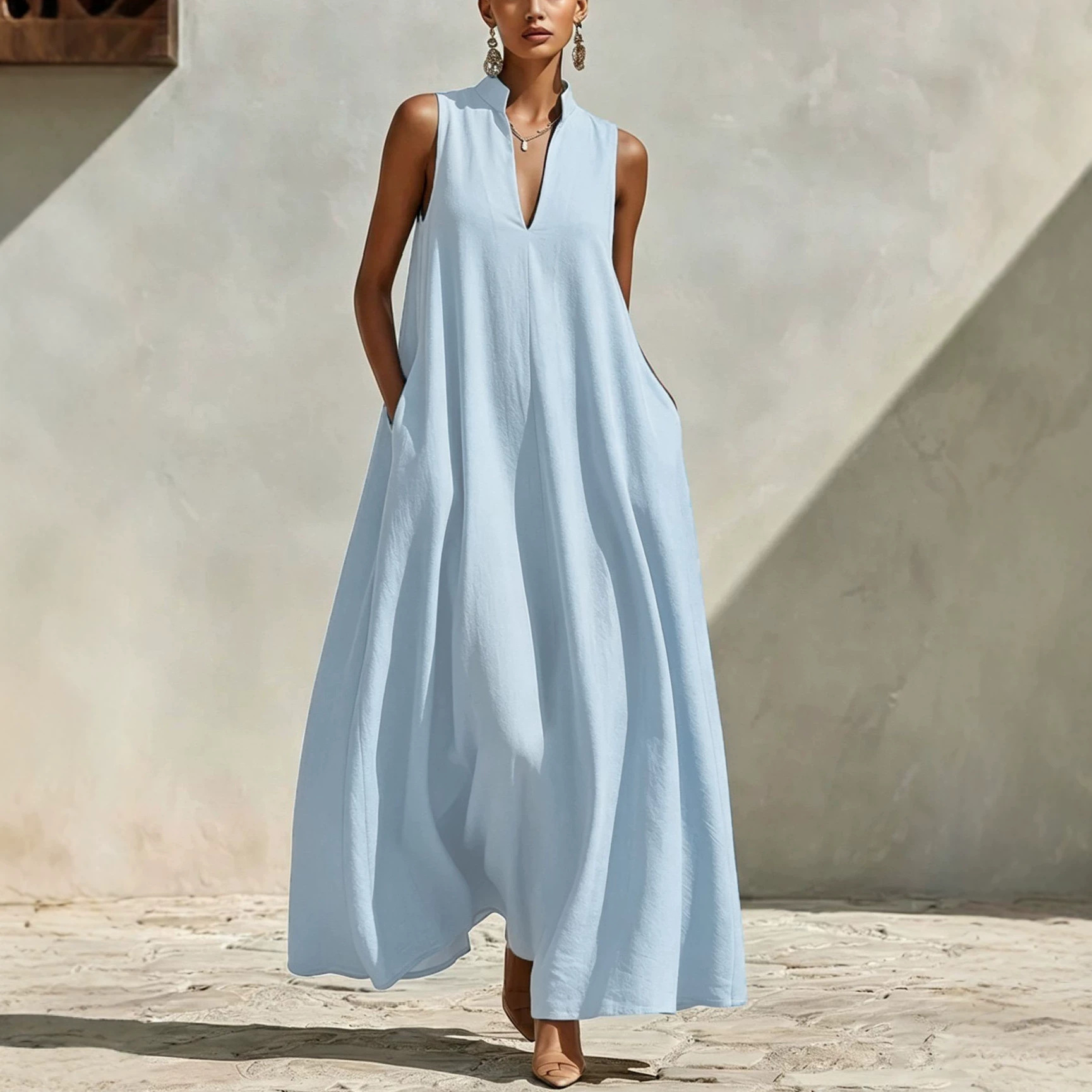 Women's Stand Collar Sleeveless A-Line Maxi Dress Loose Fit Vacation