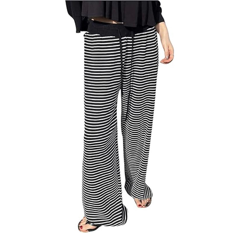 Black and White Striped High-Waist Straight-Leg Knit Wide-Leg Pants