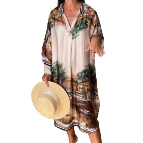 Women's Floral Print V-Neck Long Sleeve Loose Casual Dress