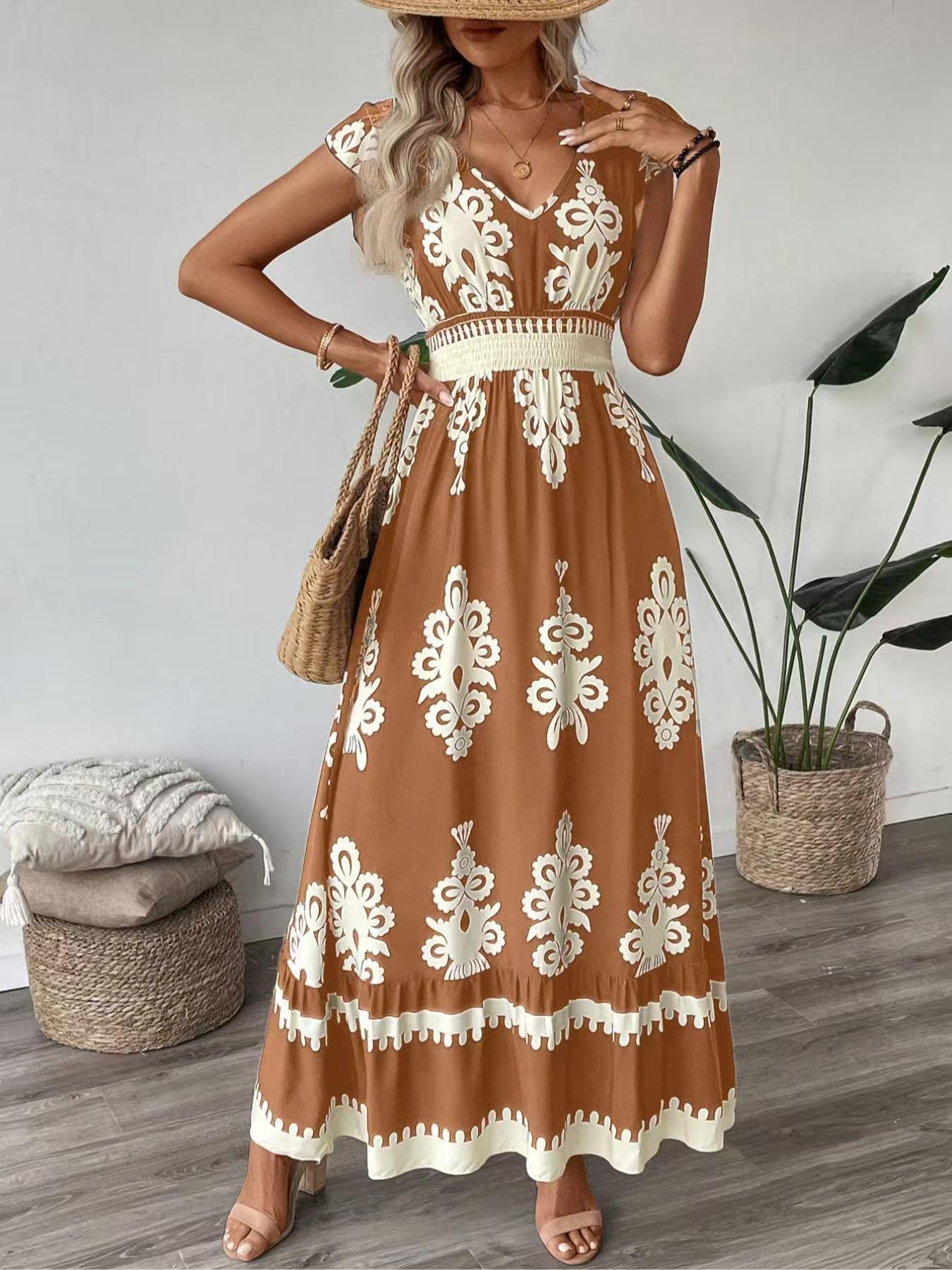 Women's Floral Print V-Neck Midi Dress with Waist Tie