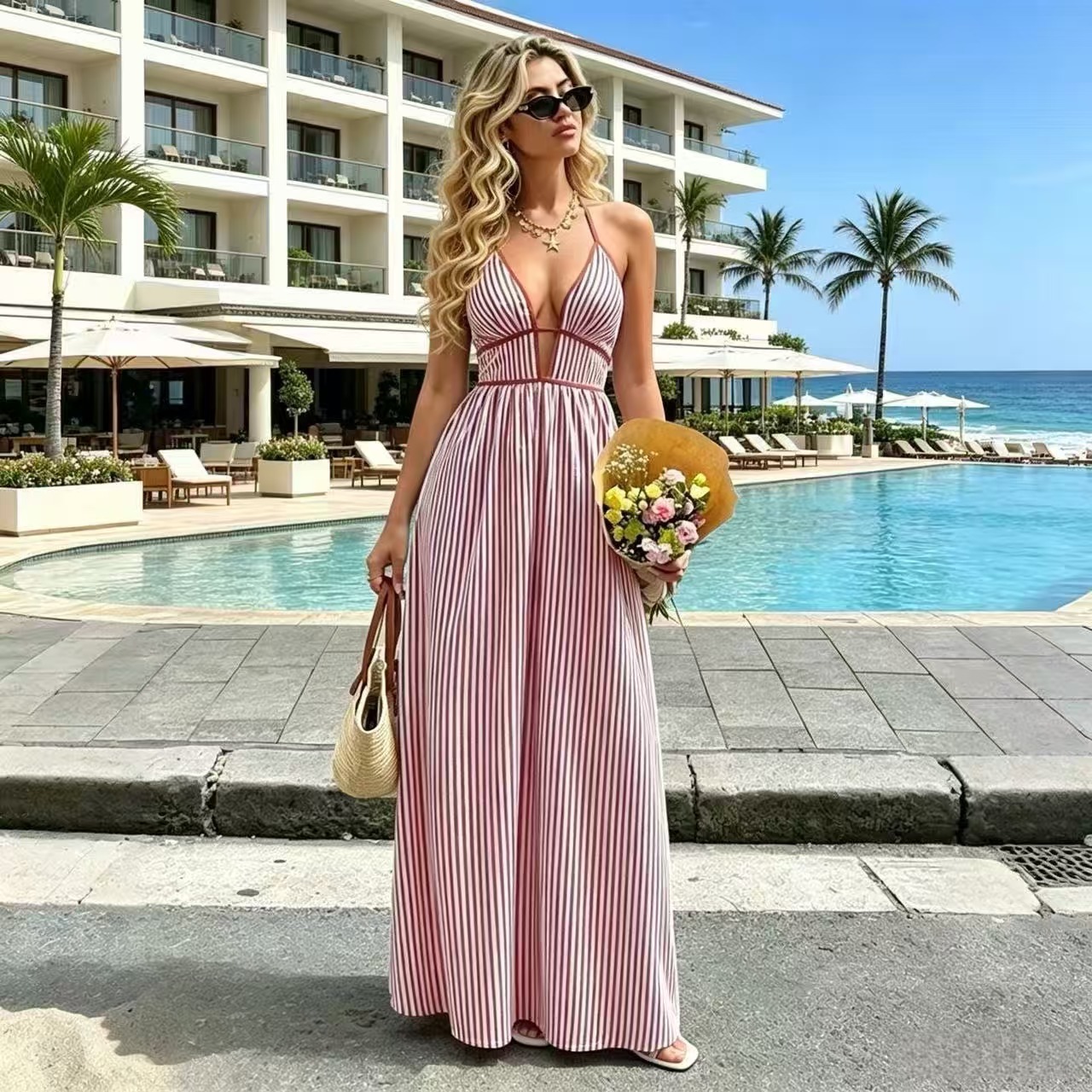 Women's Deep V-Neck Striped Sleeveless Maxi Dress