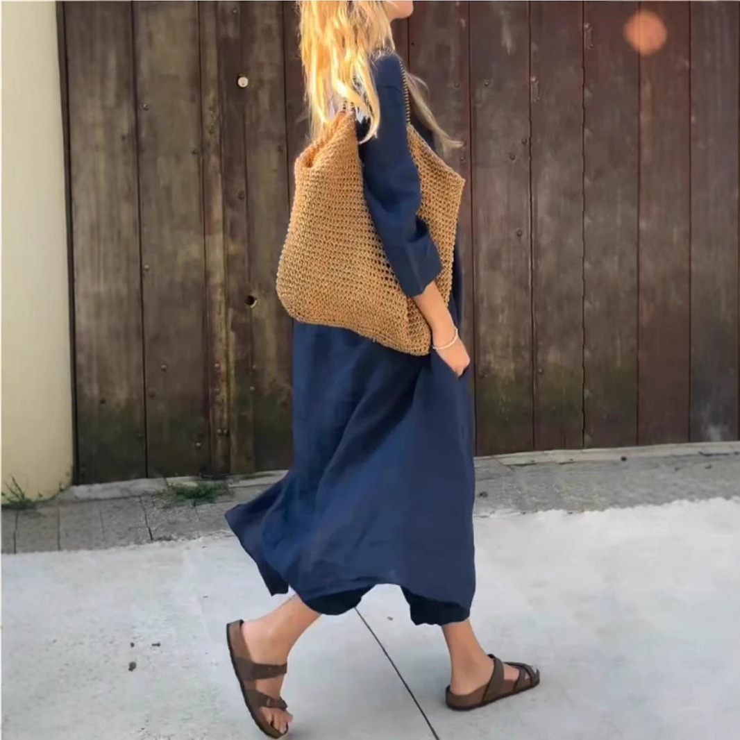 Women's Summer V-Neck Two-Piece Skirt Set with Pockets, Solid Color, Loose Fit