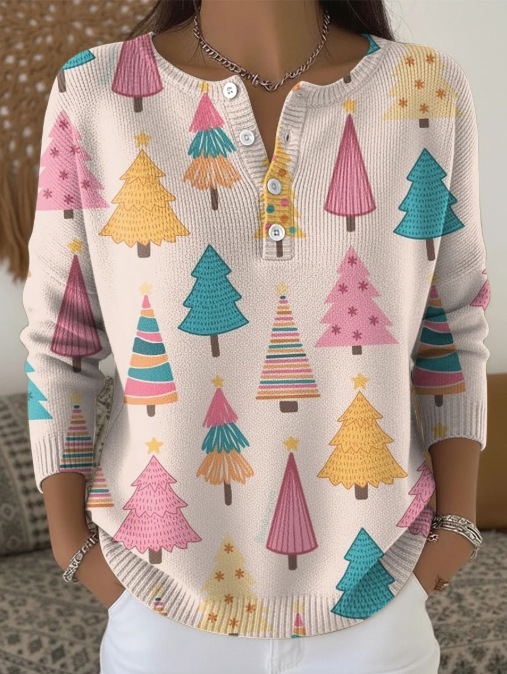 Women's Christmas Tree Snowman Scarf Print Button Sweatshirt